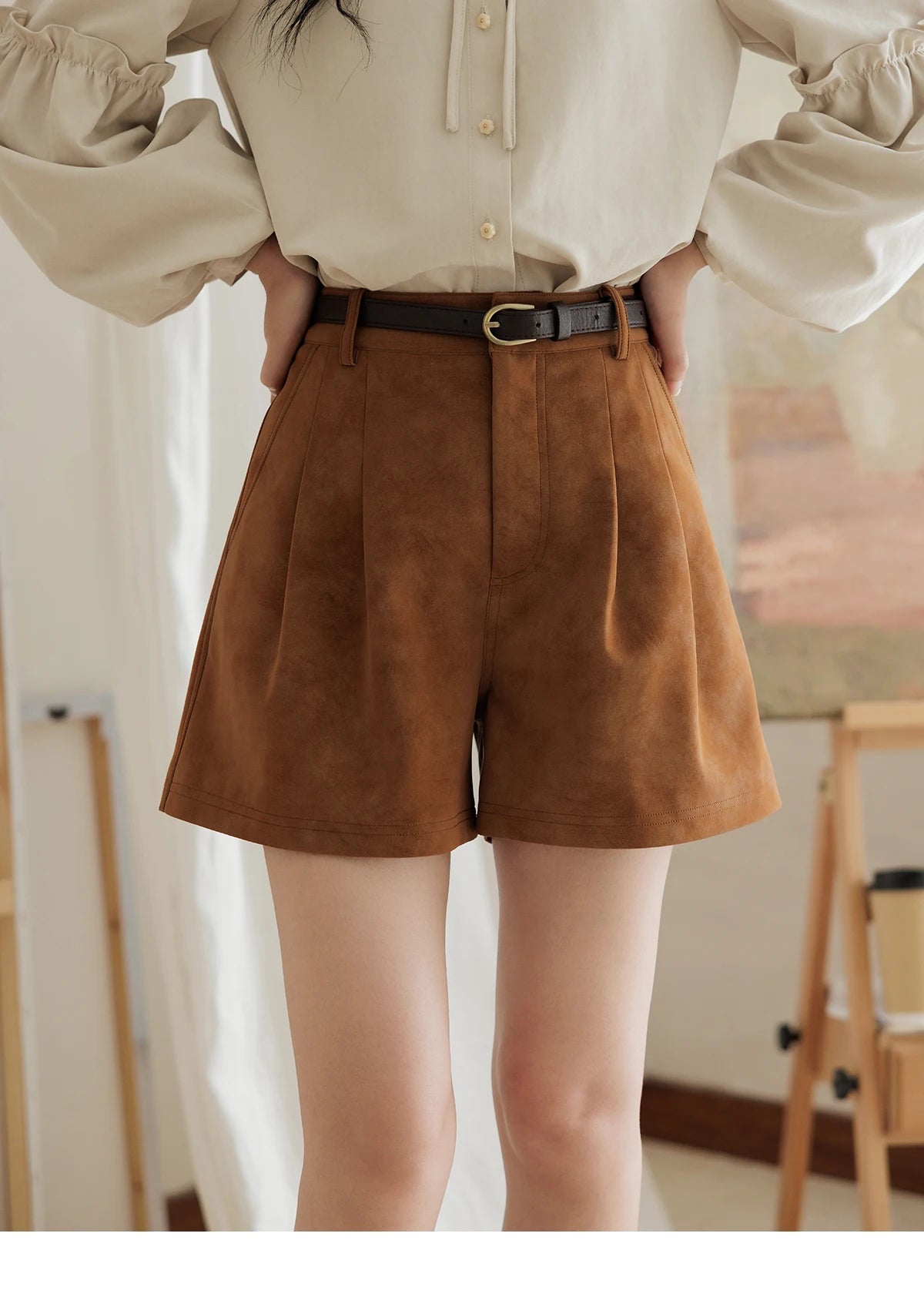 MISHOW Suede Shorts for Women Autumn 2024 High Waist A-line Slim Wide Leg Short Pants Solid Pleats Pants Side Pockets MXD44K0753
