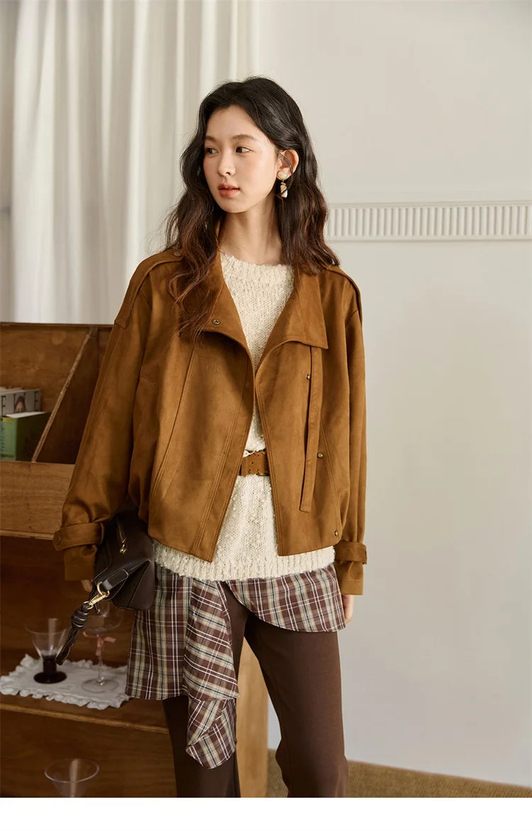 MISHOW Vintage Suede Short Jacket Brown Lapel Zipper MXE45W0869