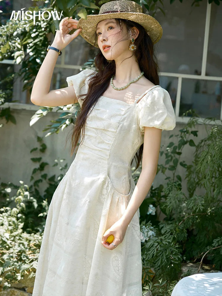 MISHOW Women's Puff Sleeve Dress 2025 Summer Fashion Paisley Embroidery Lady Pocket Dresses Vacation Women's Clothing MXE34L2265