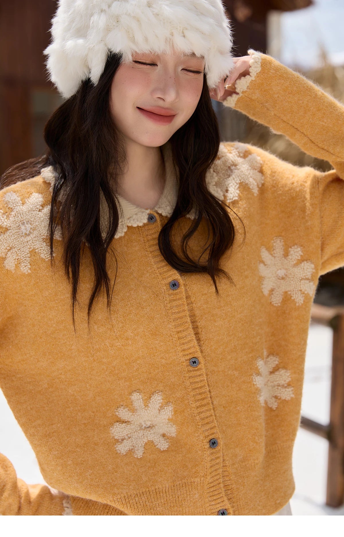 MISHOW Yellow Retro Jacquard Cardigan Women 2025 Autumn Winter Lazy Style Turn-down Collar Loose Sweater Office Lady MXE88Z2691