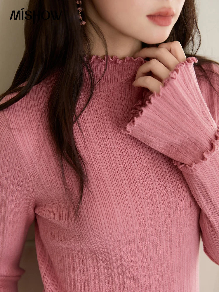 MISHOW Women's Long Sleeve Top 2025 Autumn New Casual Solid Turtleneck Slim Knit Wood Ear Edge Trumpet Sleeve Top MXE51Z2552