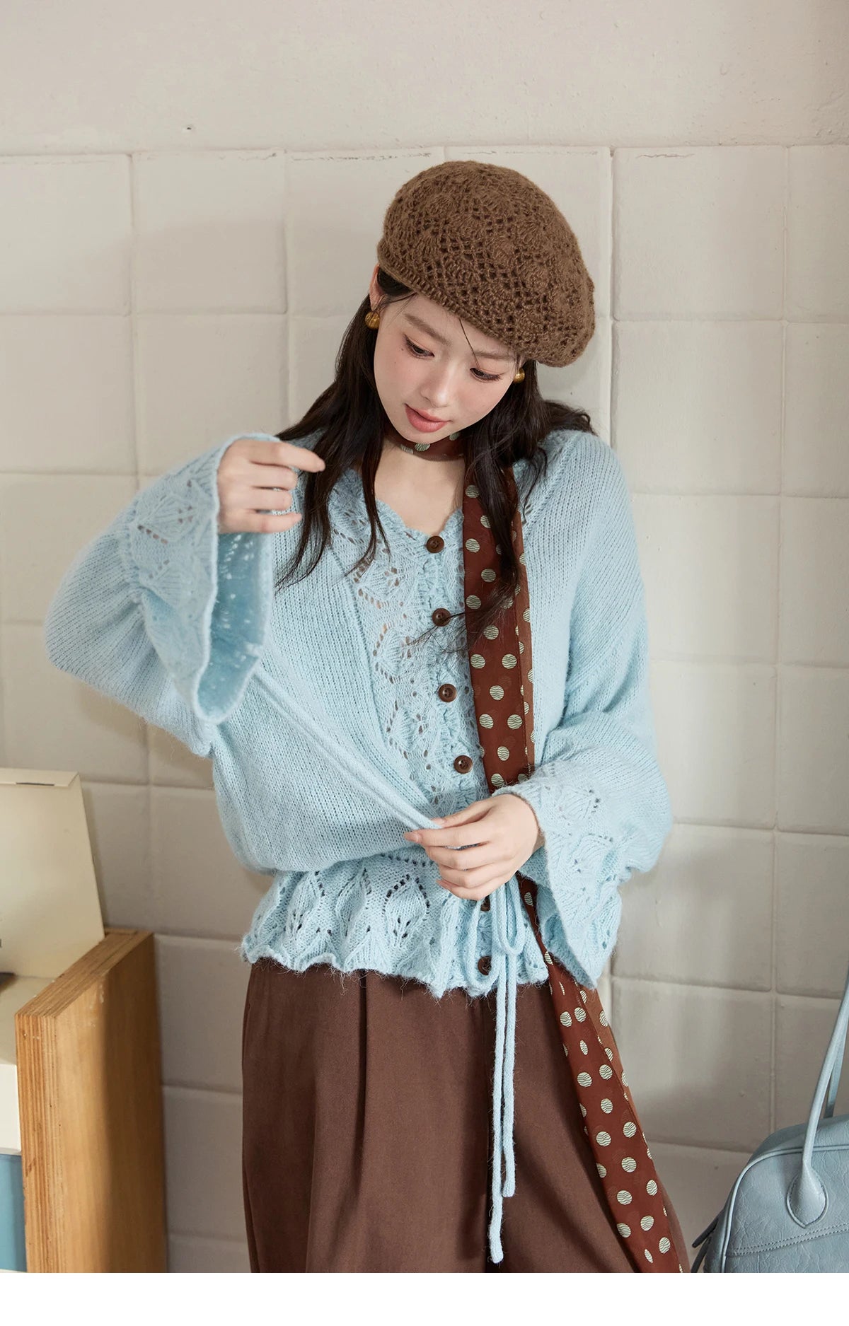 MISHOW Elegant Cardigan Women 2025 Autumn Design Hollow Knit Sweater V-neck Flared Sleeves Loose Casual Sweater MXE47Z2513