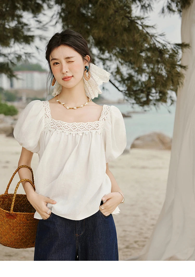 MISHOW French New Shirts Women Summer 2025 Short Puff Sleeve Square Collar Solid Splicing Lace Blouses Female Holiday MXE32X1780