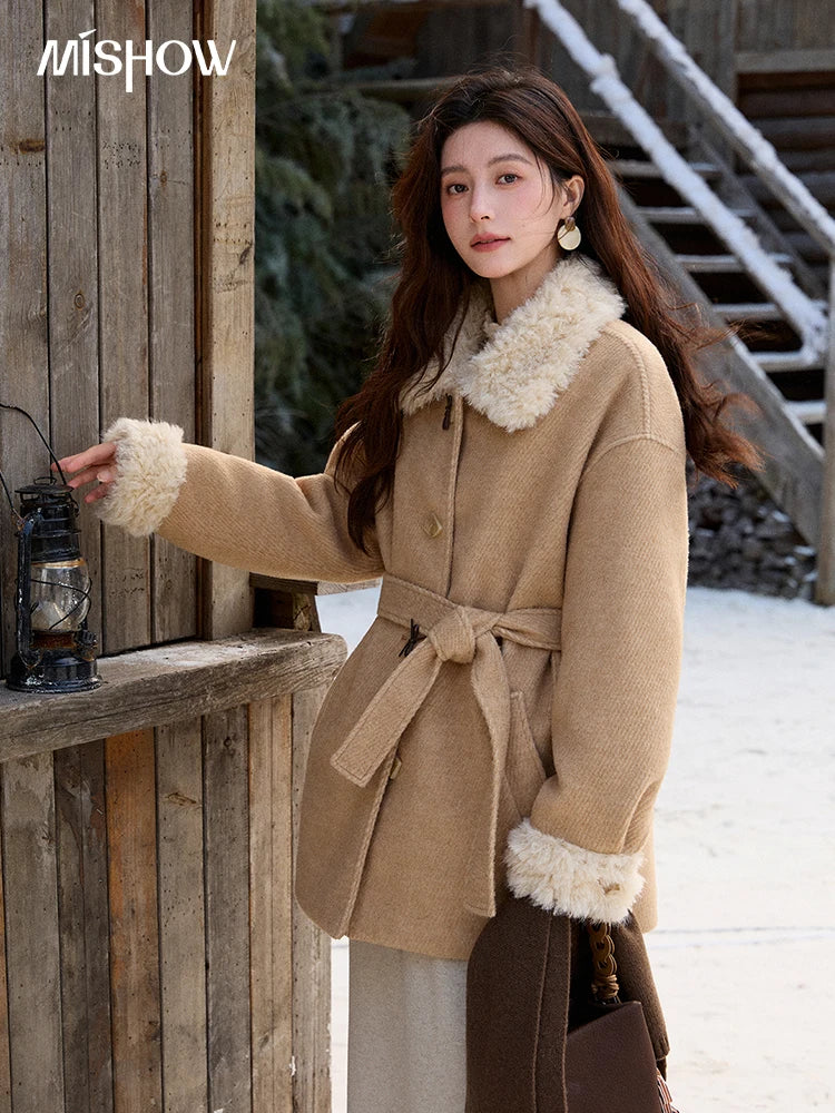 MISHOW Women's Thick Wool Blend Coat 2025 Winter Korean Retro Fleece Patchwork Coats Belted Lapel Elegant Overcoat MXE92W0997