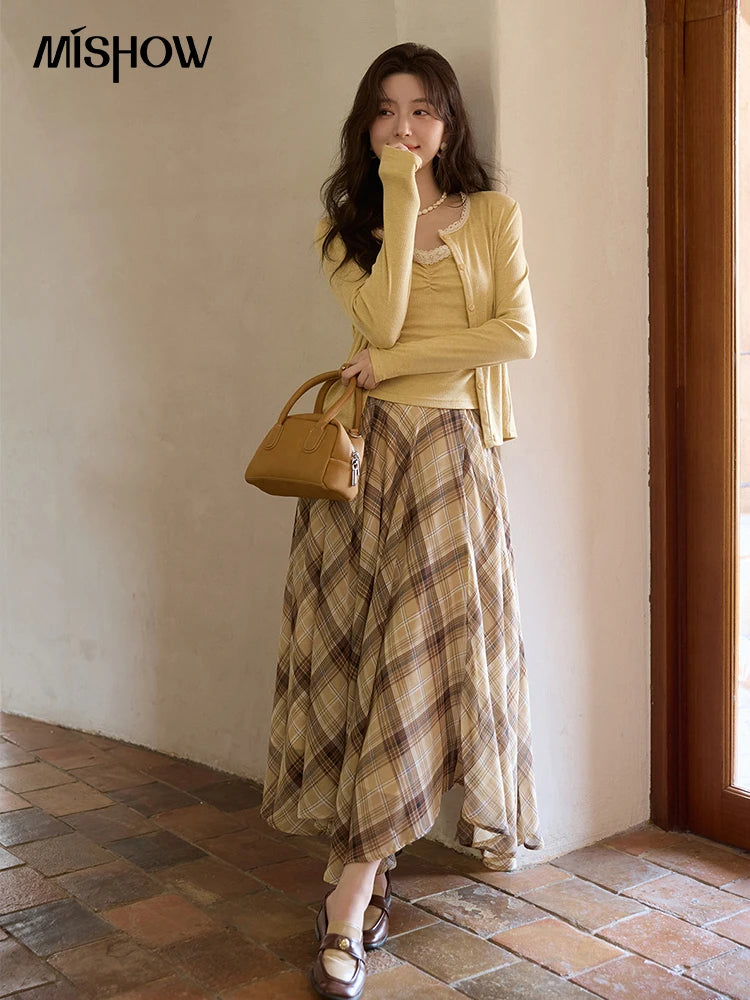 MISHOW Coffee Plaid Skirt 2025 Autumn Asymmetrical Hem Skirts Female Retro Side Zipper Commuting A-line Midi Skirt MXE42B2377