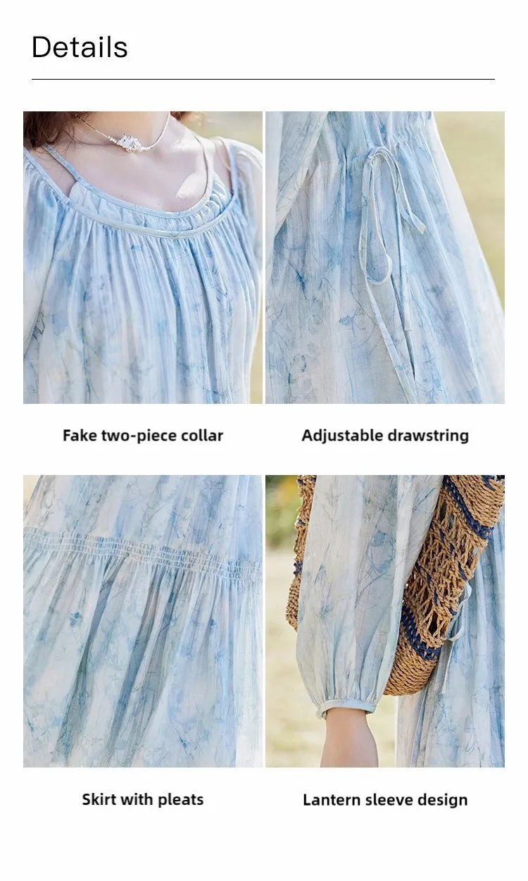 MISHOW Printed Blue Blending Chiffon Vacation Dress Spring 2025 Drawstring Waist Long Dress Lantern Sleeve Dresses MXE16L2114