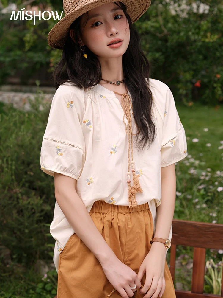 MISHOW Women Two-Piece Set 2025 Summer Puff Sleeve Lace Up Top Hollow Lace Spliced Elastic Waist Shorts Ladies Set MXE38T0684