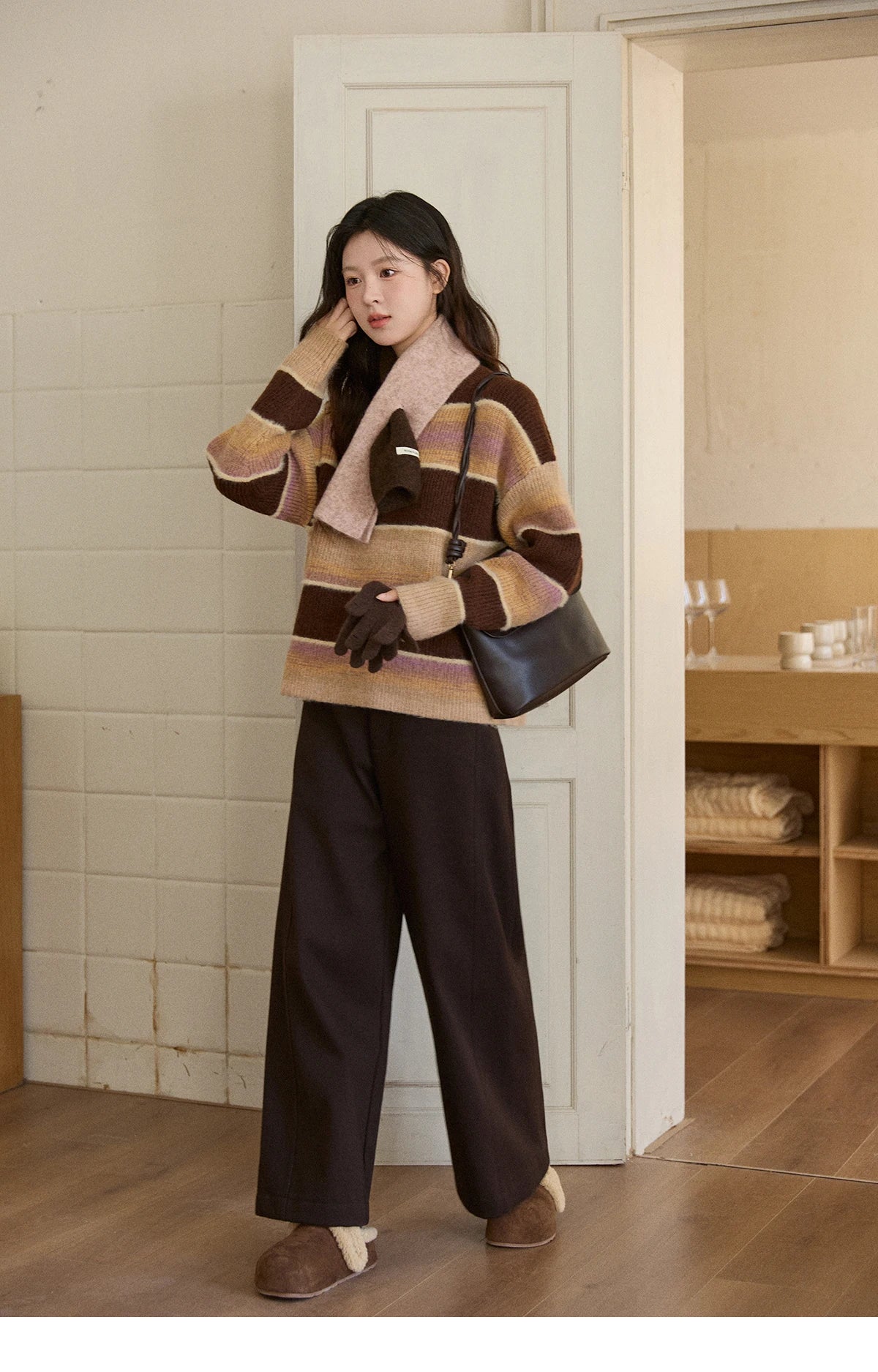 MISHOW Women's French Striped Gradient Sweater 2025 Winter Faux Mink Fleece Sweater Thick Casual Warm Knitted Top MXE94Z2891