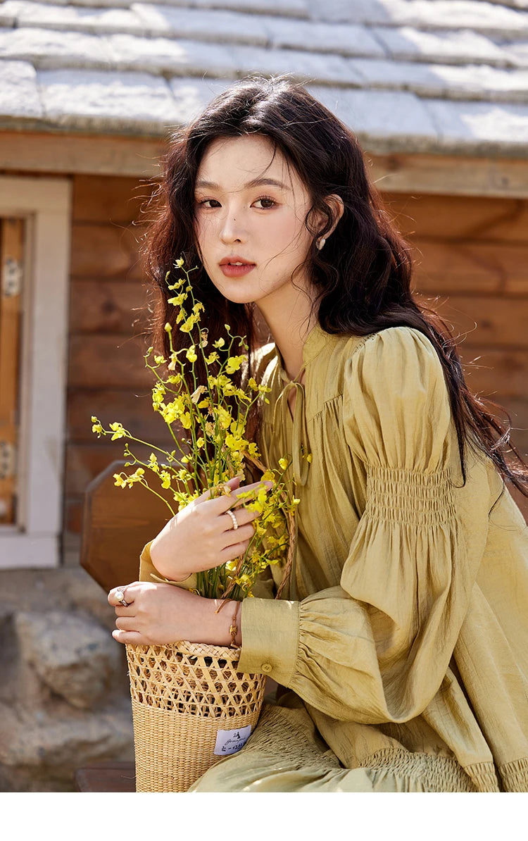 MISHOW Folded Lace Up Dress for Women Spring 2025 Solid V-neck Loose Chiffon Doll Dress Puff Sleeve Knee-Length Dress MXE11L2113