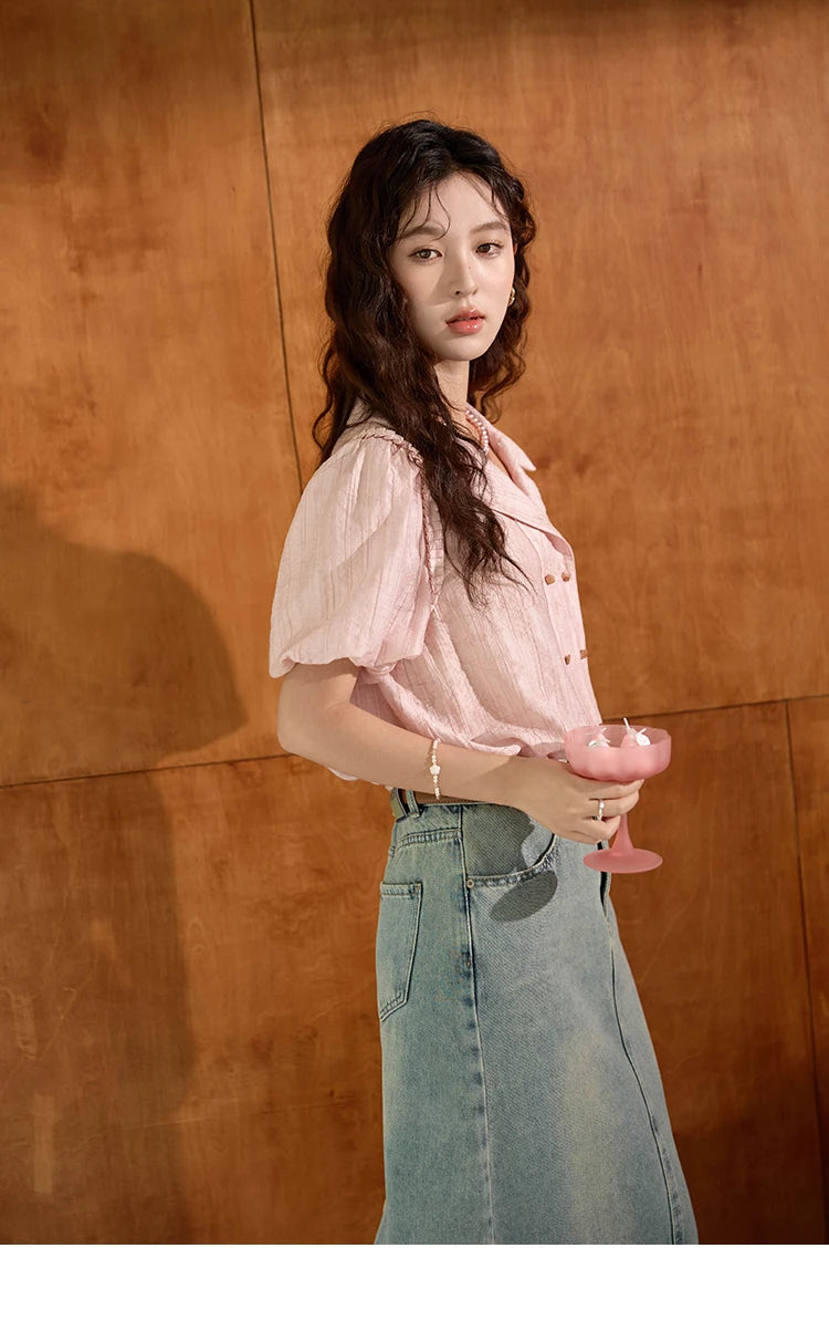 MISHOW Retro Pink Short Sleeved Shirt 2024 Summer V-neck Folded Ruffled Edge Top Elastic Cuffs Lapel Neck Blouses MXD29C0273