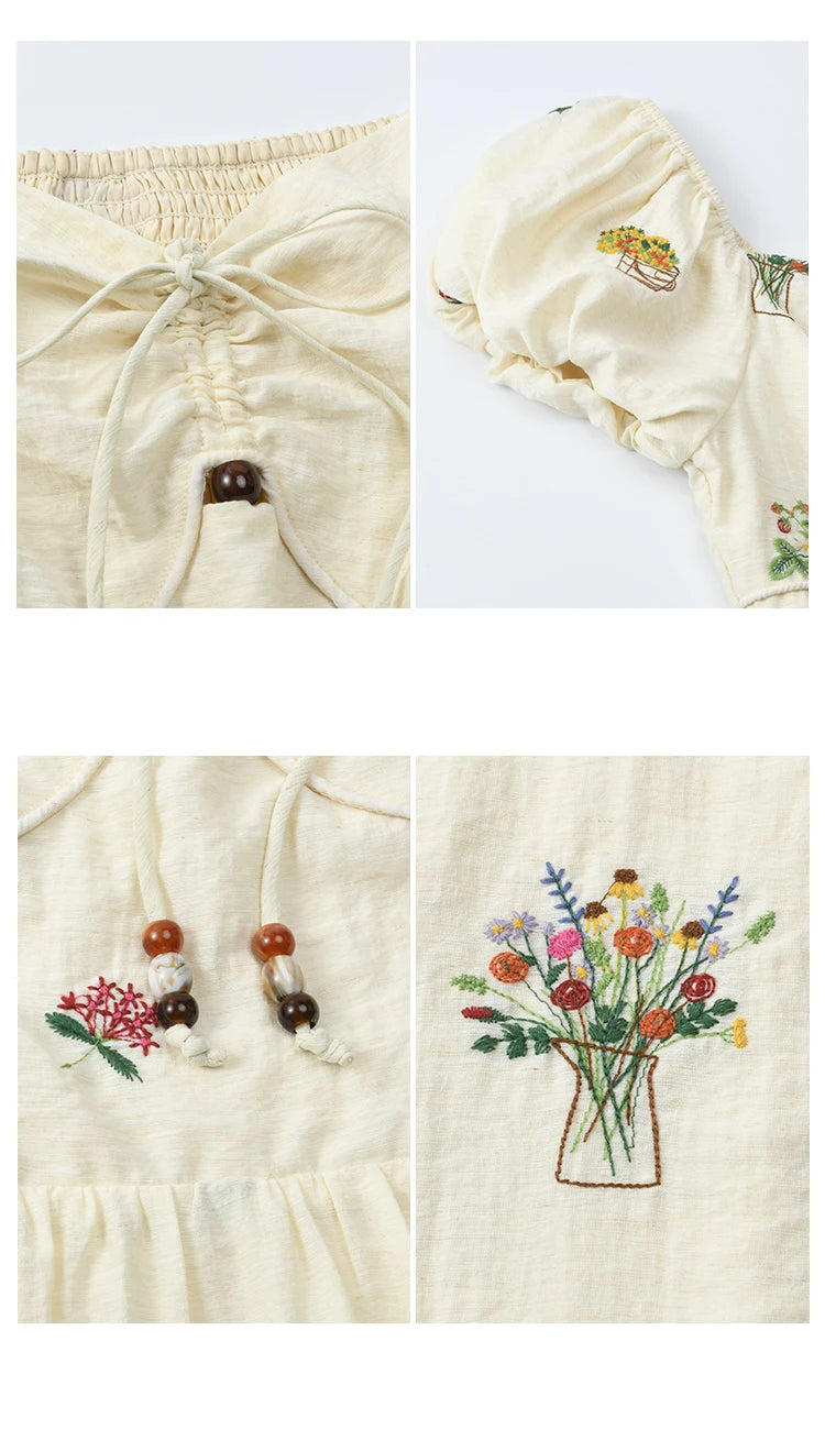 MISHOW Fashion Flower Embroidery Dress for Women Summer 2025 New Square Neck Lace Up Puff Sleeve Large Swing Dresses MXE37L2315