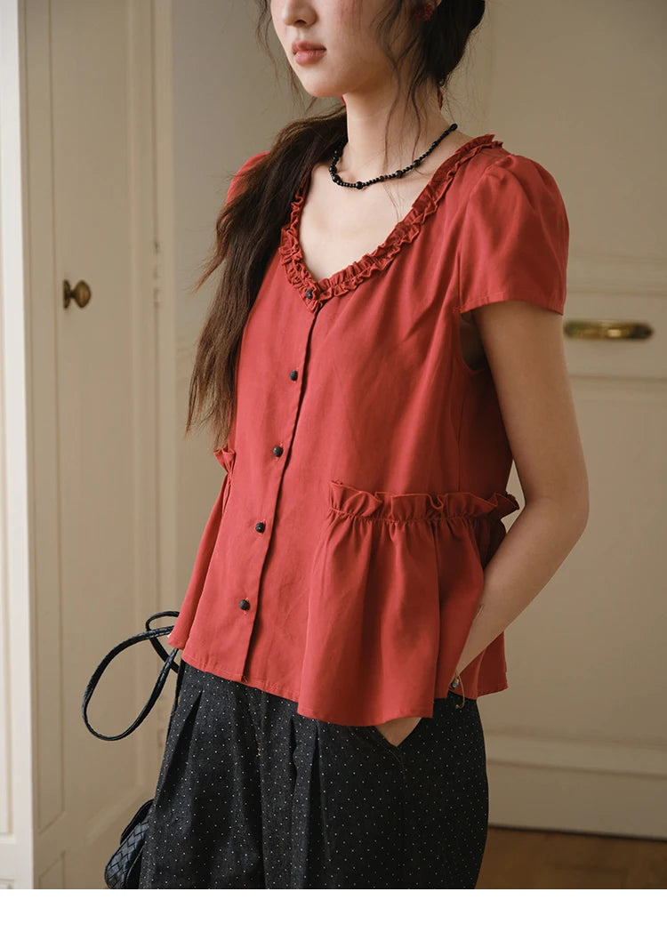 MISHOW Women's Summer Clothes 2025 Fashion Mushroom Edge V-neck Blouse Office Lady Casual Short Sleeve Button Top MXE38X1867