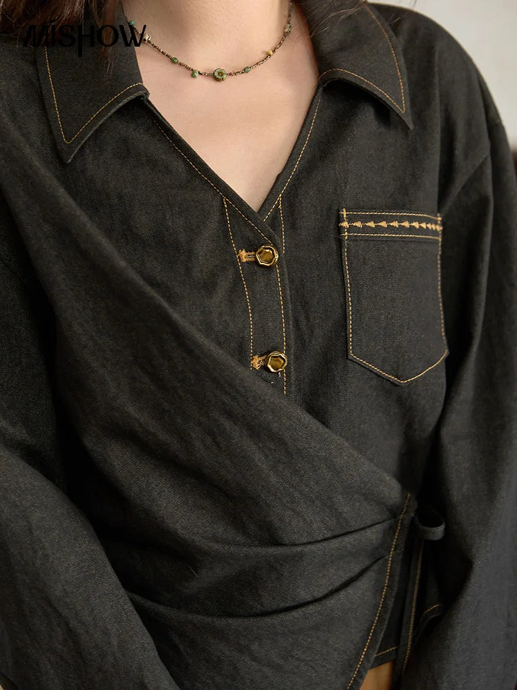 MISHOW Autumn Retro Black Imitation Denim Shirt 2025 Side Lace-up Solid Shirts Lapel V-neck Retro Button Casual Tops MXE42C2374