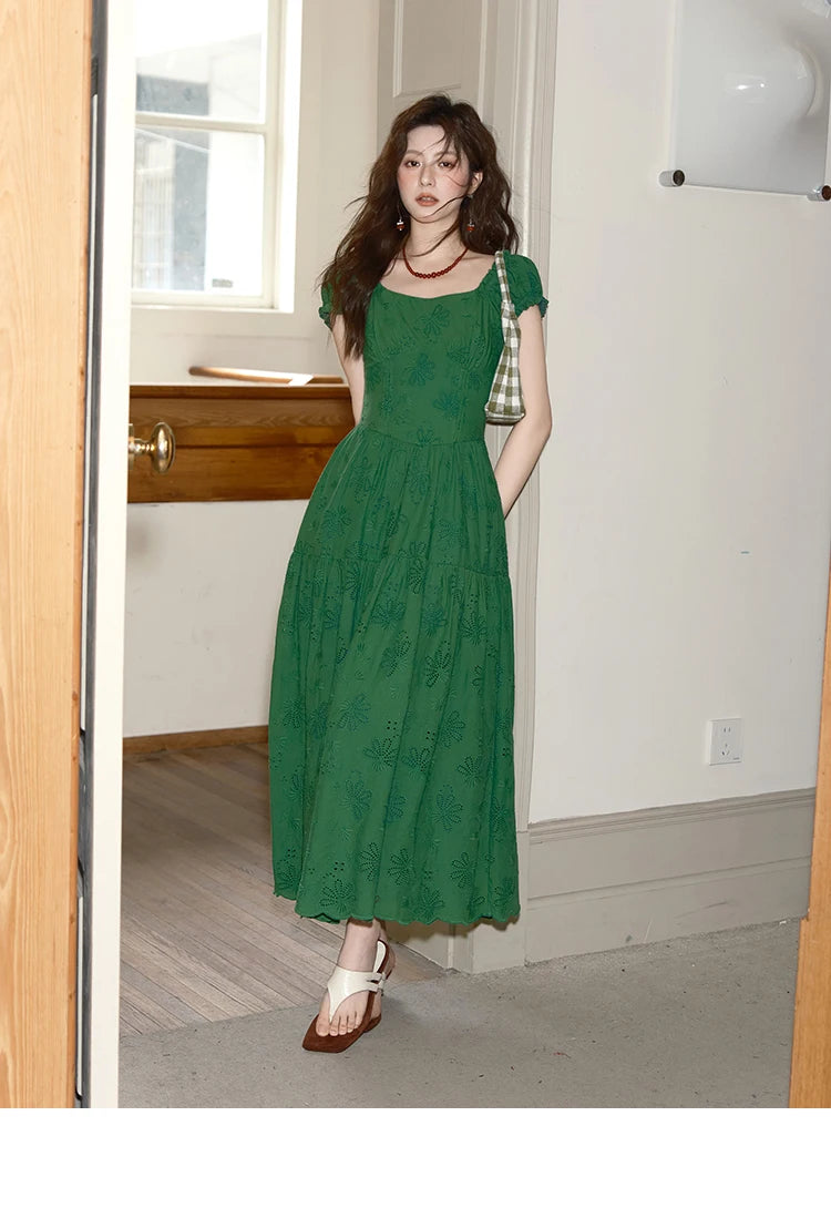 MISHOW Women's French Fashion Square Neck Dress 2025 Summer New Puff Sleeve Embroidery Midi Dresses Ladies Clothing MXE39L2325