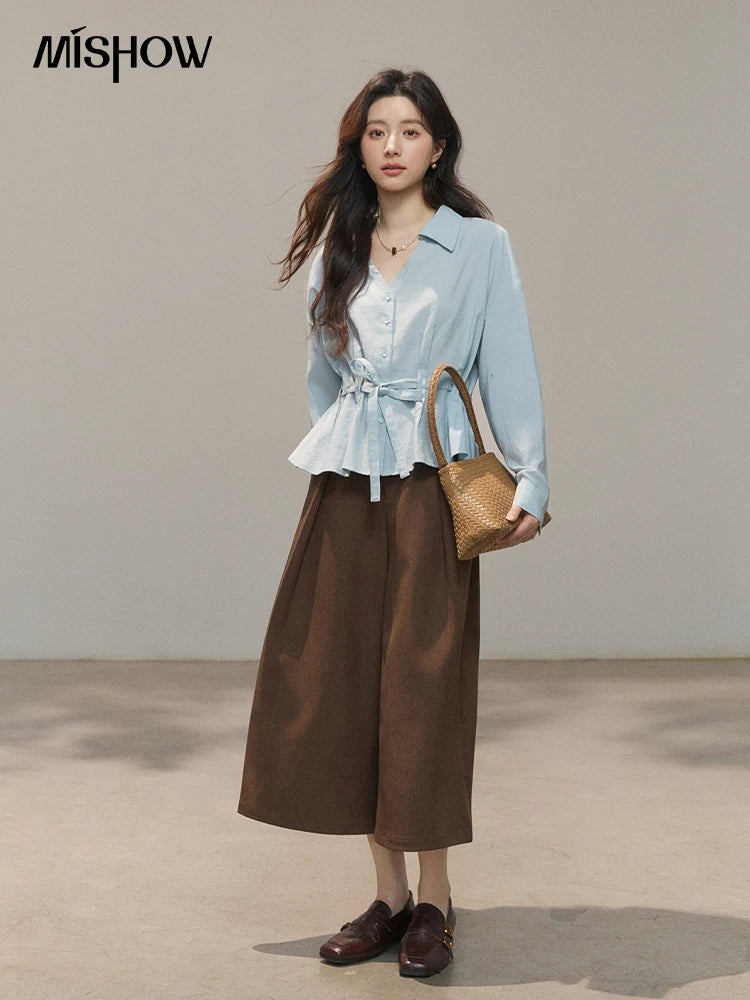 MISHOW Women's Light Blue Lyocell Shirt 2026 Spring Polo Neck V-neck Belted Waist Shirt Casual Peplum Long Sleeve Top MXF13C2437