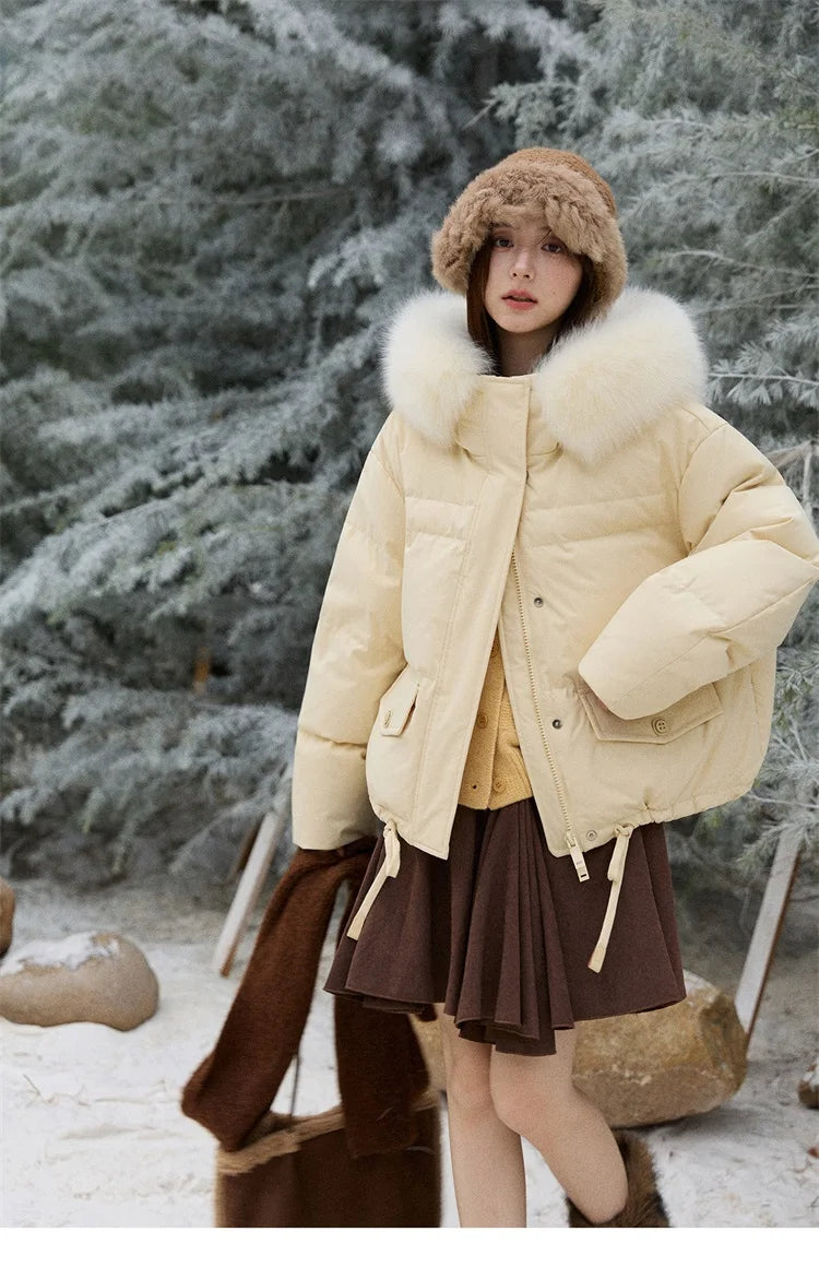 MISHOW Short Lightweight Puffer for Women 2025 Fashion Loose Long-sleeved Down Jacket Detachable Fur Collar Warm Coat MXE87Y0084