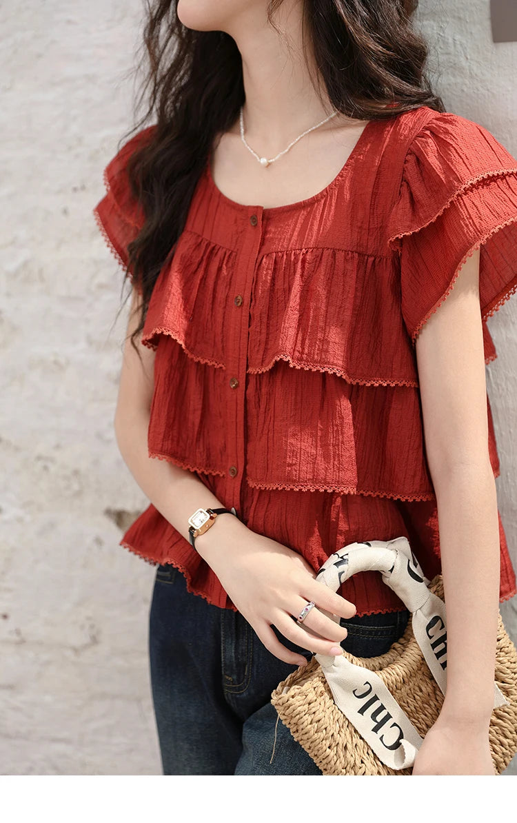 MISHOW Women's French Square Collar Blouses 2024 Summer Retro Red Ruffle Lace Cake Top Puff Sleeve Solid Sweet Blouse MXD30X1488