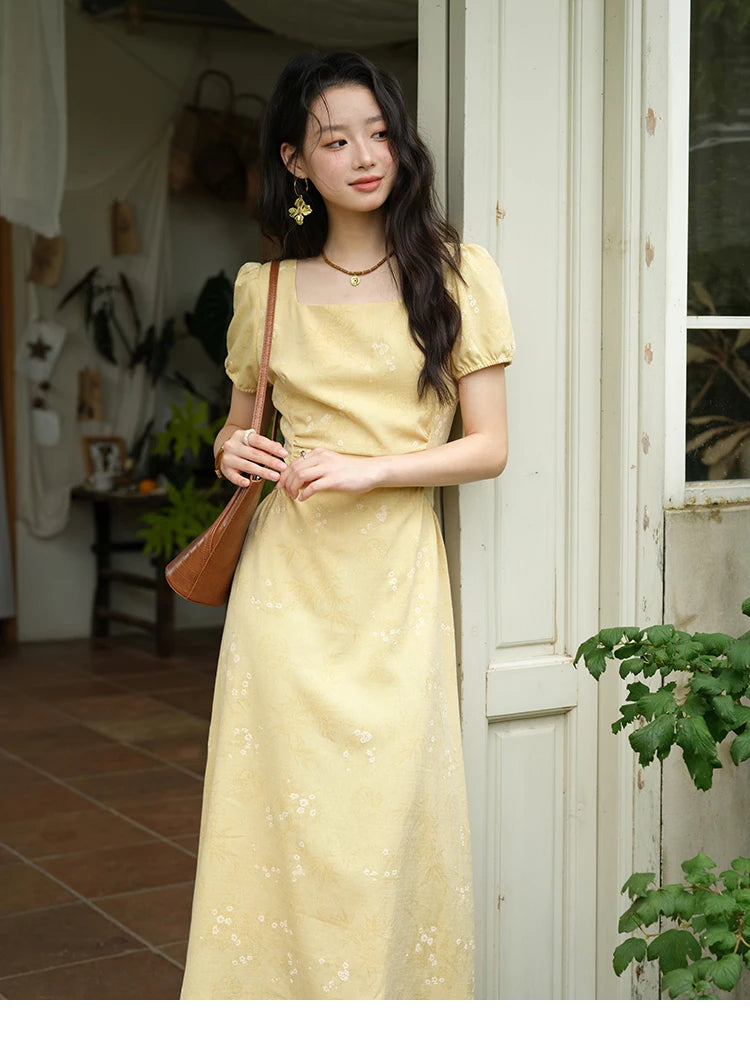 MISHOW Women's Clothing Fashion Square Neck Puff Sleeve Dress Summer 2025 New Bamboo Leaf Jacquard Pattern Dresses MXE39L2415