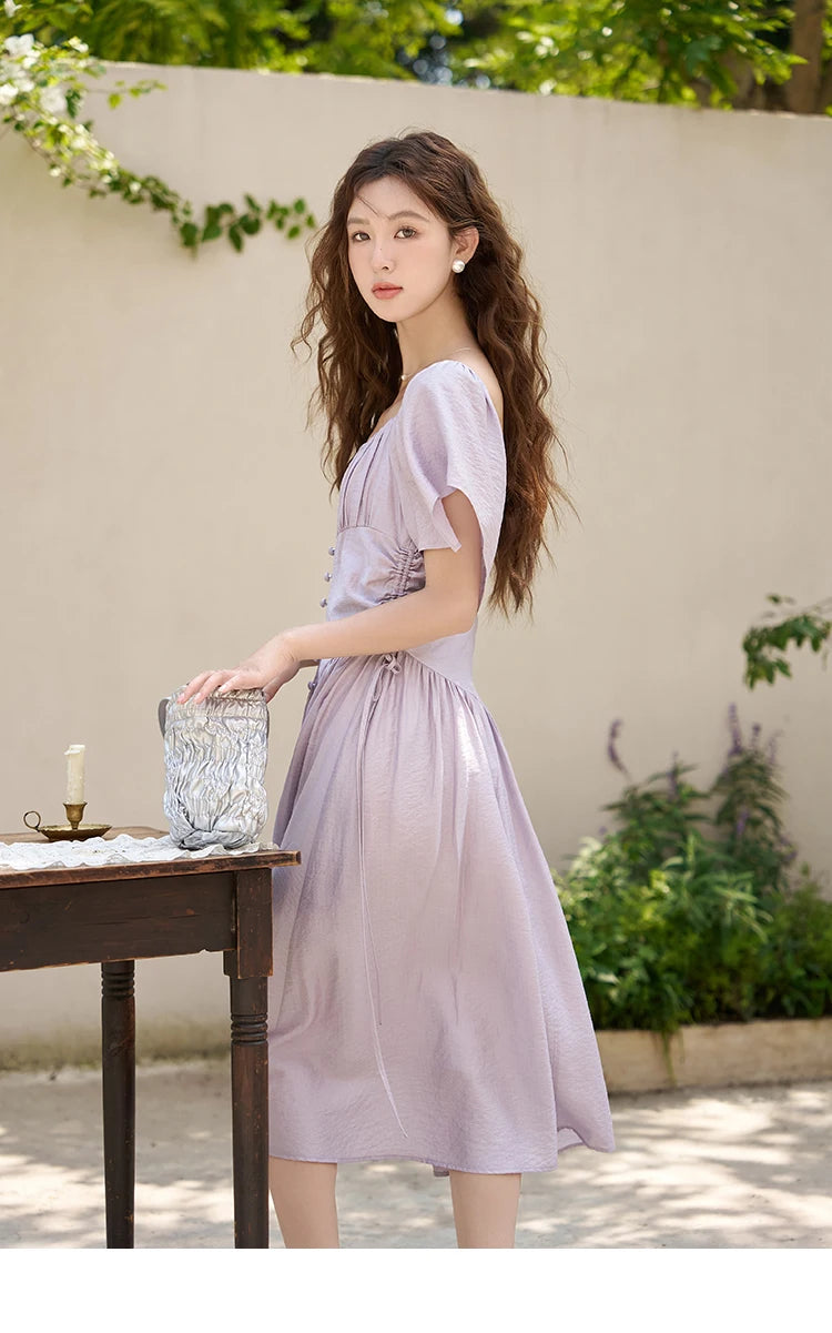 MISHOW Women's Elegant Dress 2023 Summer French A-LINE Butterfly Sleeve Square Collar Solid Lace-up Waist Dresses MXC38L1407