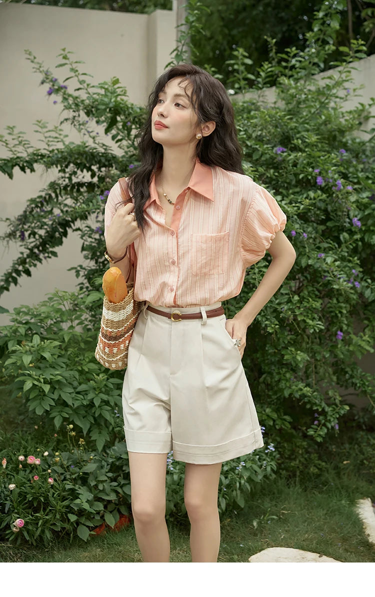 MISHOW Women's Hong Kong Retro Pink Striped Shirt 2024 Summer Short Sleeve Bubble Sleeve Single Breasted Lapel Top MXD28C0250