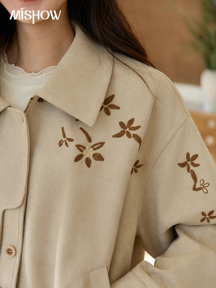 MISHOW Women's Imitation Suede Jacket2026 Spring Floral Embroidery Lapel Zipper Coats Long Sleeve Casual Outerwear MXF11W1027