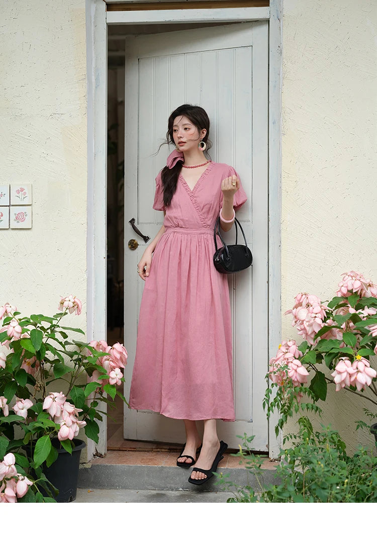MISHOW Summer Fashion V-neck Dress Woman 2025 New Puff Sleeve Sashes Elegant Pocket Vacation Dresses Ladies Clothing MXE39L2381
