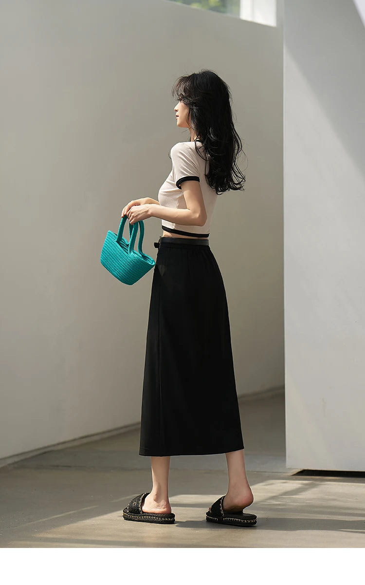 MISHOW Women's Suit Straight Midi Skirt 2025 Summer High Waist Slim Solid Front Fork Female Rear Elastic Waist Skirts MXC15B0026