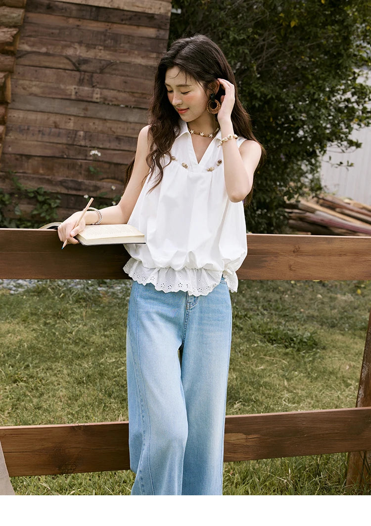 MISHOW Office Lady New Blouse Women Summer New Sleeveless Turn-down Collar Hollow Lace Shirts Female Slimming Fashion MXE31X1760