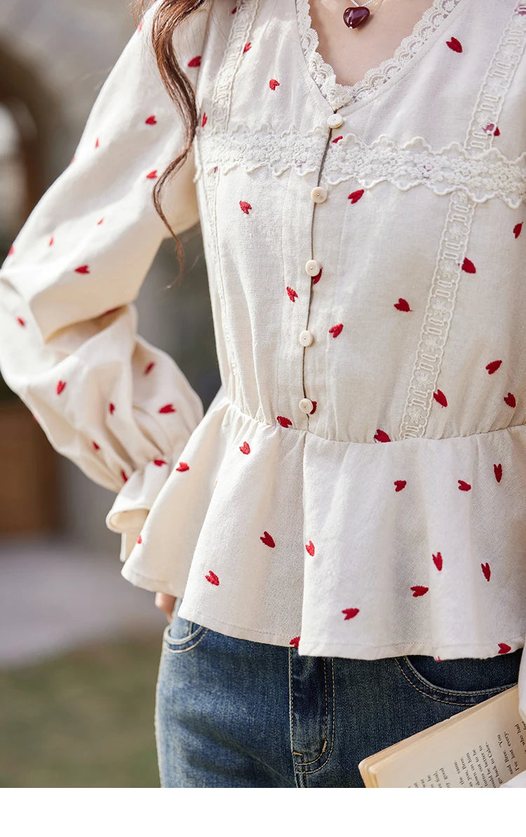 MISHOW Women's Love Embroidered V-neck Blouses 2025 Spring Linen Cotton Retro Slim Tops Sweet Waist Ruffle Blouse MXE13X1700
