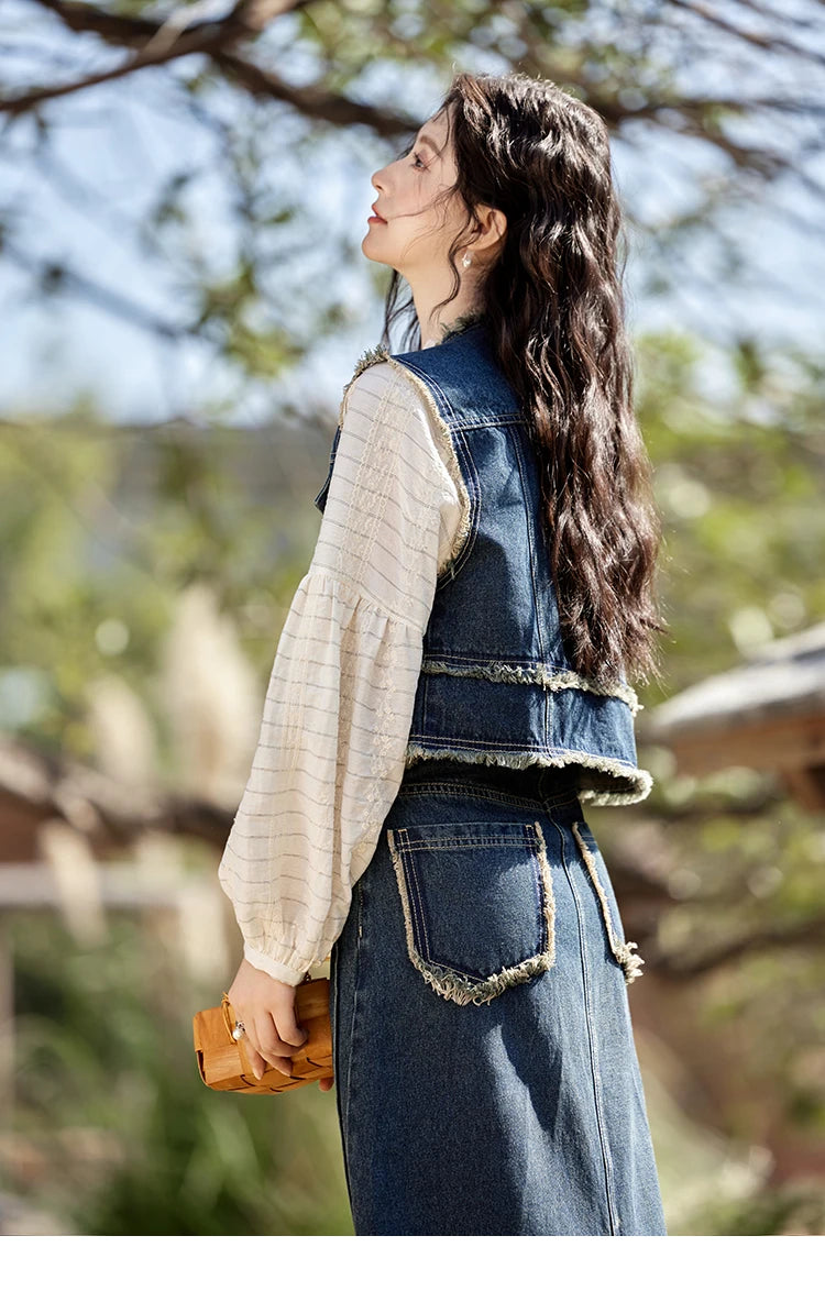 MISHOW Office Lady Spring Vest Female New Sleeveless Round Neck Raw Edge Denim Vests Women Fashion Retro Coat Woman MXE12W0710