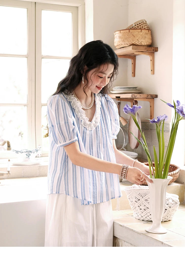 MISHOW 2025 Summer New 100% Cotton Striped Blouse Women Fashion Lantern Sleeve Lace V-neck Casual Top Ladies Clothing MXE36X1845