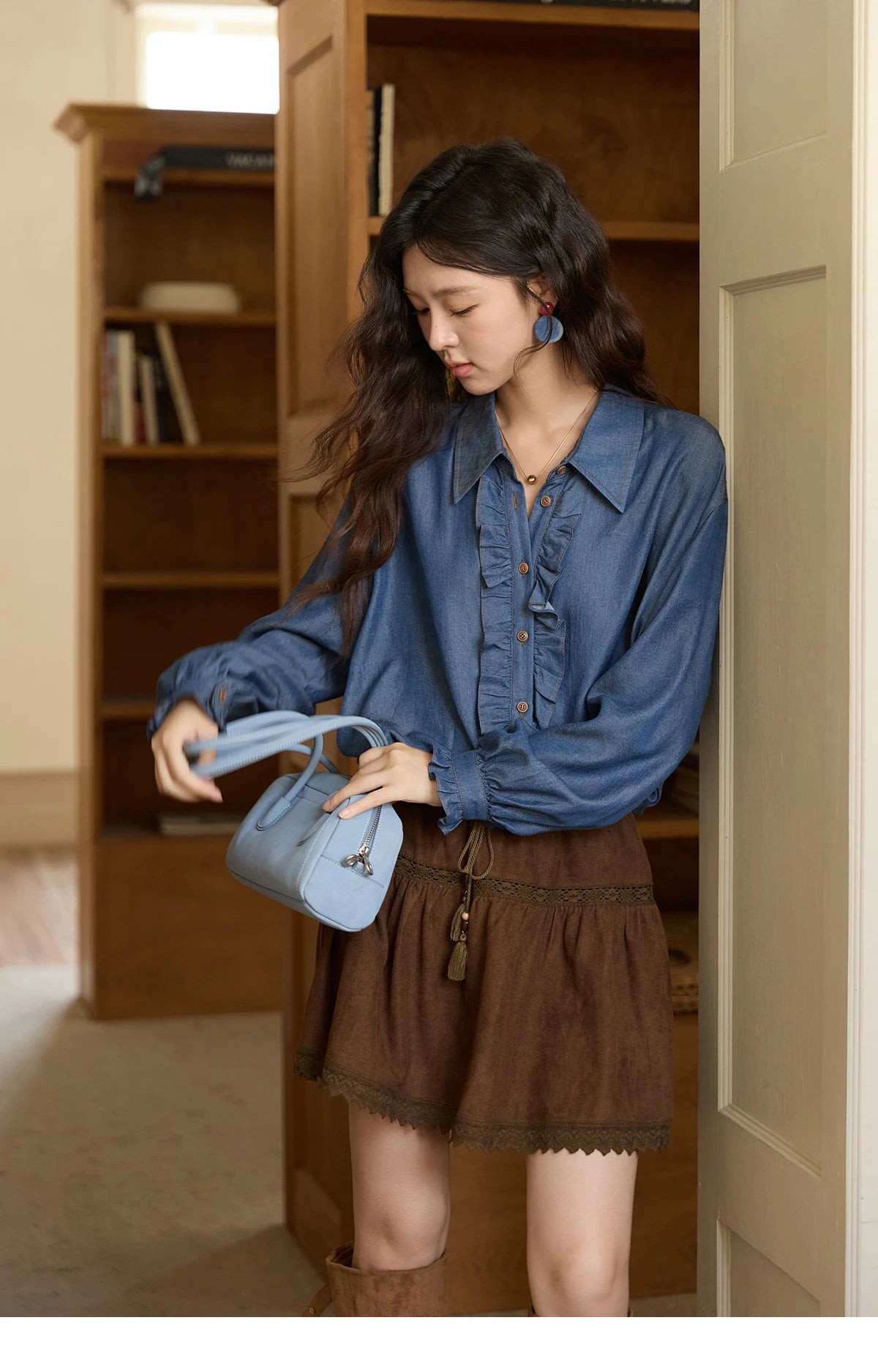 MISHOW Blue Lyocell Imitation Denim Shirt for Women Autumn 2025 Ruffled Placket Contrasting Button Waist Cinc Shirt MXE43C2386