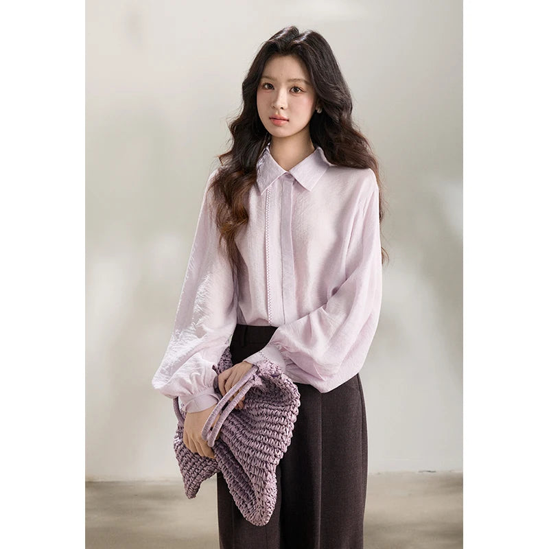 MISHOW Women's Lapel Lantern Sleeve Shirts 2026 Spring Lace Trim Casual Loose Breathable Solid Shirt Office Lady MXF13C2436