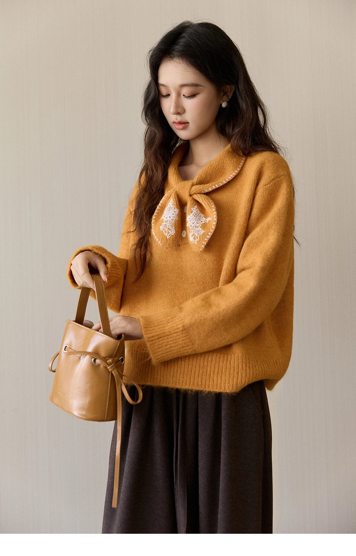 MISHOW Women's Yellow Knitted Sweater 2025 Autumn Winter Bow Collar Splicing Lace Tops Loose Warm Pullover Sweaters MXE94Z2971