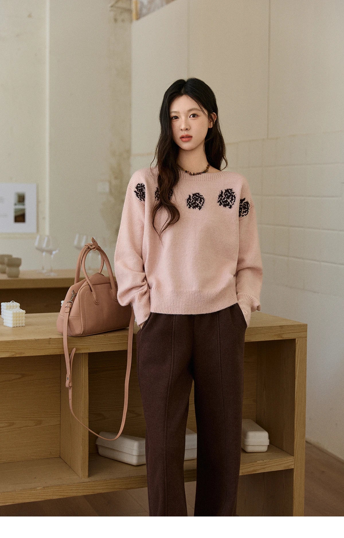 MISHOW Pink Jacquard Sweater for Women Fall Winter 2025 Lantern Sleeve Tops Shoulder Drop Thickened Knitted Sweater MXE91Z2775