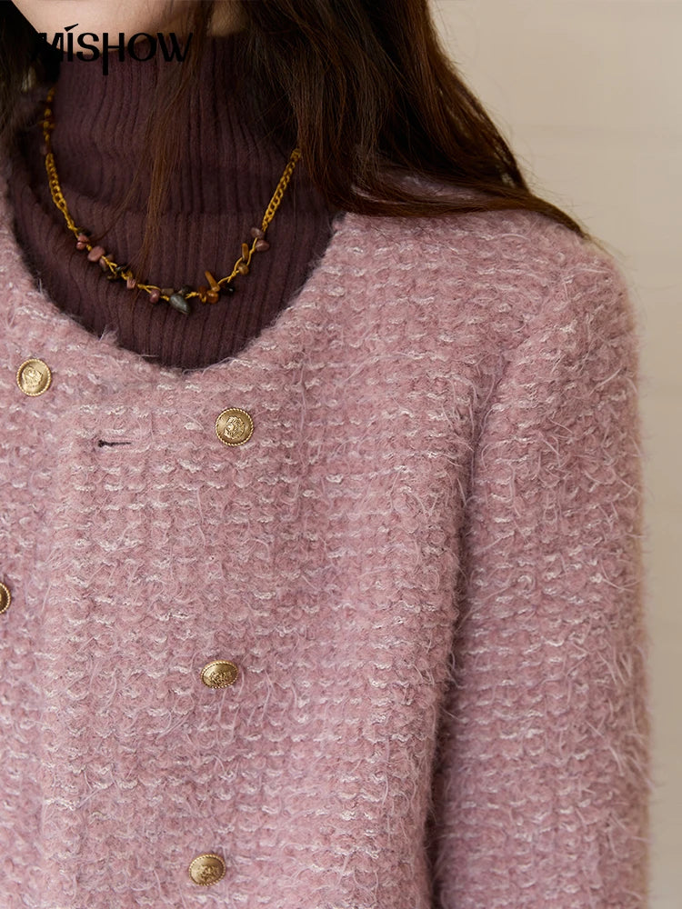 MISHOW Wool Coat Woman 2025 Purple Luxury O-neck Double-breasted Tweed Coat Commute Short Jacket Winter Clothes MXE88W0881