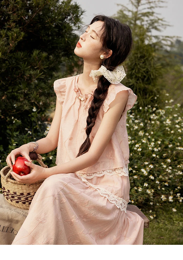 MISHOW Sweet Summer Skirt Sets Women New 2025 Short Flying Sleeve Round Neck Tops Hollow Embroidery A-line Skirt Lady MXE33T0545