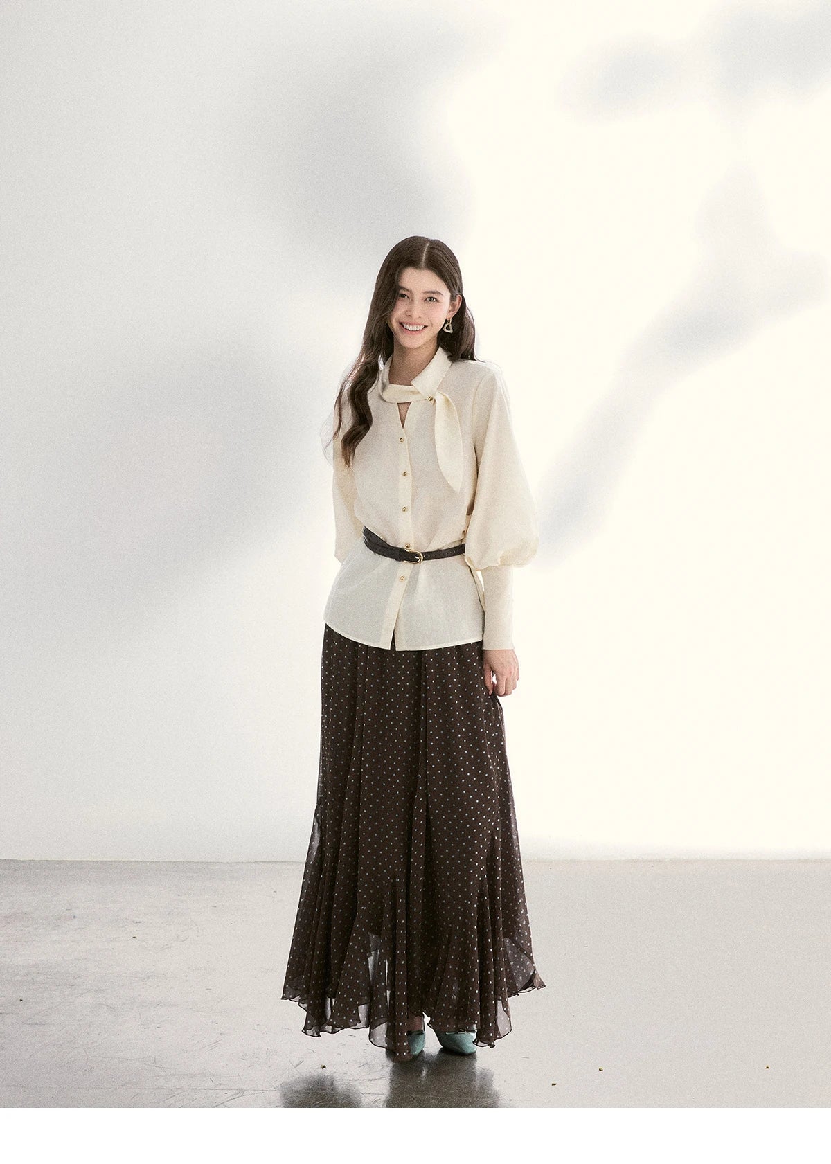 MISHOW Women's Tie Neck Shirts Spring Hollow-out Knitted Patchwork Puff Sleeve Tops Casual Elegant Shirt Office Lady MXF108C0812