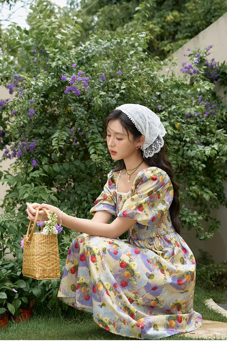 MISHOW Floral Smocked Midi Dresses for Women 2025 Summer Puff Short Sleeve Beach Vacation Beach French Retro Dress MXD24L1905