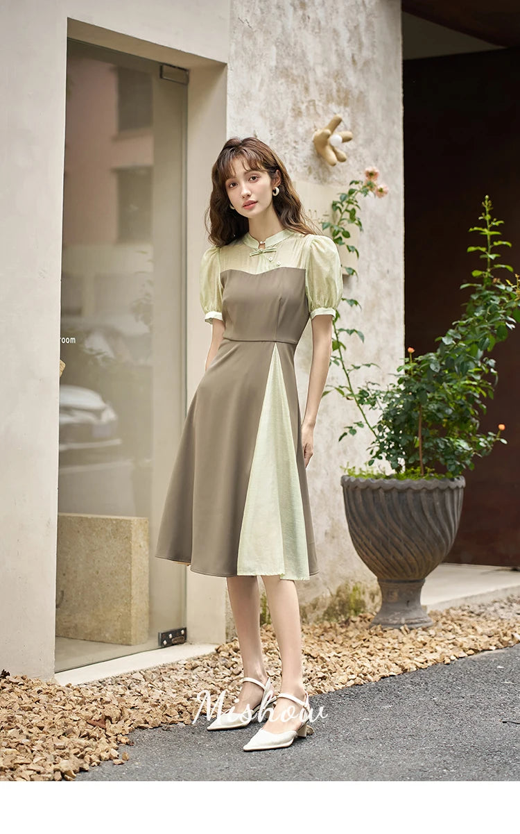 MISHOW Chinese Style Dress for Women 2023 Summer Waist Puff Sleeve Patchwork Fake Two Pieces French Slim Long DressES MXC35L1354
