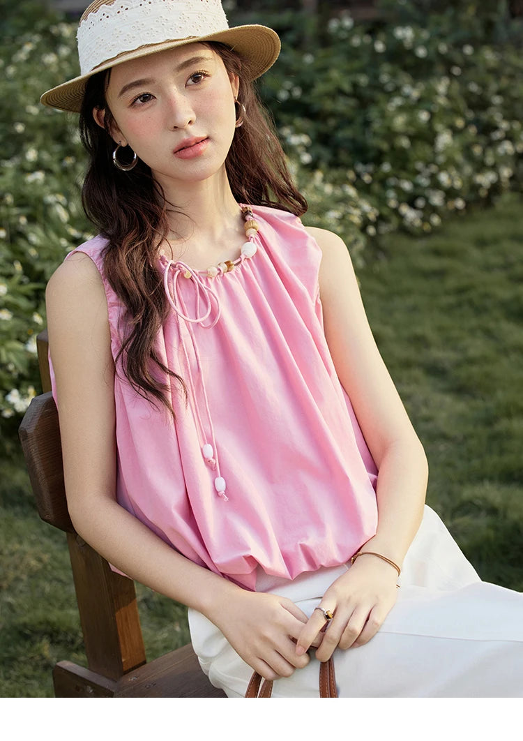 MISHOW French Rose Red Blouses Women Summer 2025 Sleeveless Round Neck Beaded Strap Design Short Tops Lady New Thin MXE32X1773