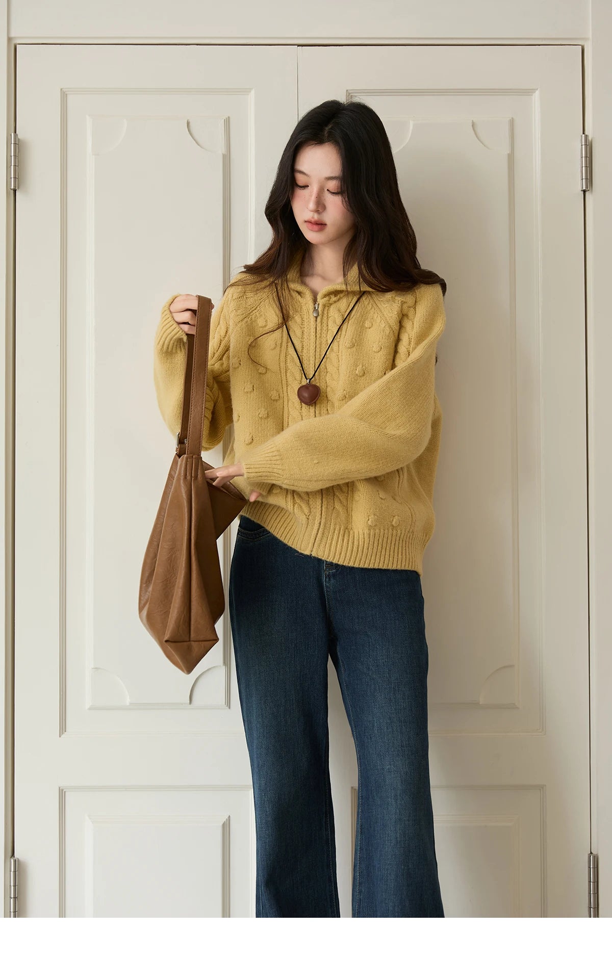 MISHOW Zipper Knit Cardigan Women 2025 Winter Yellow Turn-down Collar Loose Thick Sweater Luxury Comfort Casual Top MXE49Z2619