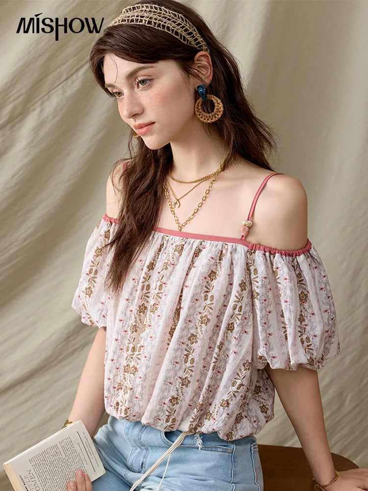 MISHOW French Summer Blouses Women New 2025 One-shoulder Floral Short Sleeve Contrast Color Shirts Woman Fashion MXE31X1767