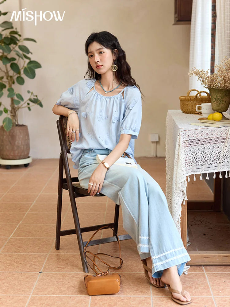 MISHOW Women's Butterfly Embroidery Blouse 2025 Summer New Fashion Hollow Out O-Neck Casual Top Female Clothing MXE36X1878