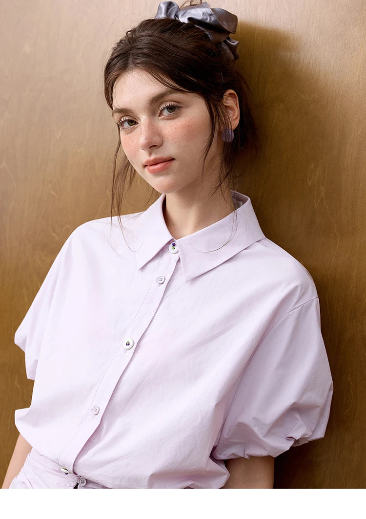 MISHWO Office Lady Solid Blouses Women Summer New 2025 Short Sleeve Turn-down Collar Purple Cotton Shirts Female Thin MXE32X1794