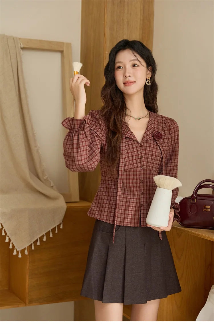 MISHOW Women's Red Tied Plaid Shirt 2025 Autumn New Arrival Sweet 3D Floral Turn-Down Collar Long-Sleeve Blouse Women MXE45X2481