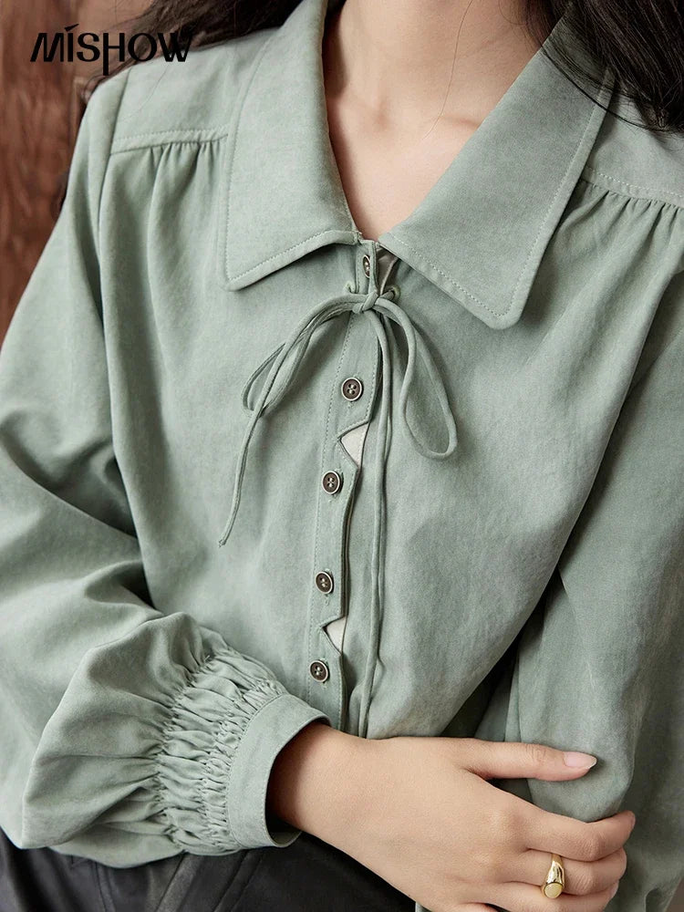 MISHOW Vintage Green Blouse Bow Lace-Up Lantern Sleeve MXD44C0337