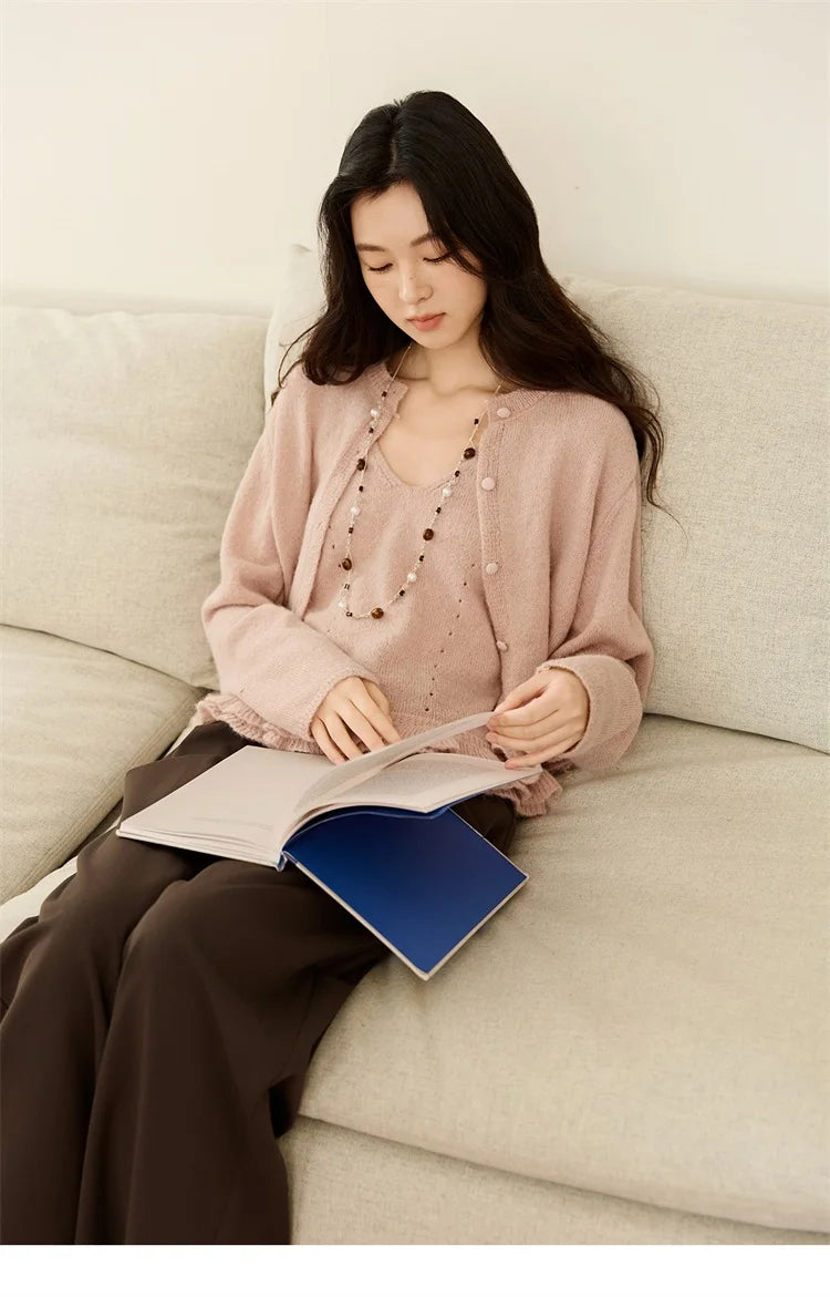 MISHOW Knit Cardigan for Women 2025 Autumn Elegant Pink Crew Neck Cardigan Loose Suspenders Two-piece Suit for Women MXE48T1404