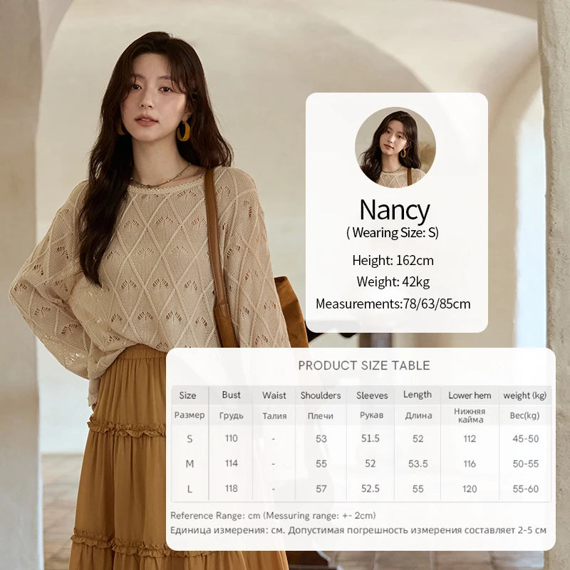 MISHOW Women's Diamond Patterned Knitted Top 2025 Autumn Bohemian Hollowed Out Thin Top Scoop Neck Knitted Sweaters MXE42Z1332