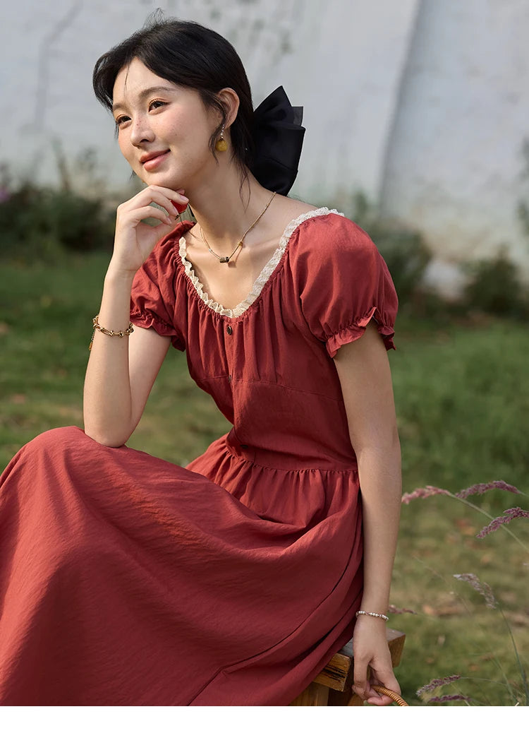 MISHOW French Summer Dress Women New 2025 Puff Short Sleeve Lace Neck Slimming Long Dresses Female Fashion Elegant MXE35L2297